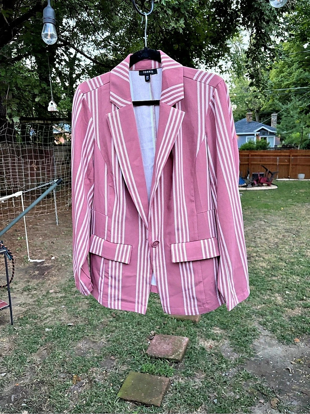 Torrid Size 00 Pink White Striped Blazer Open Front One Button Career Jacket
